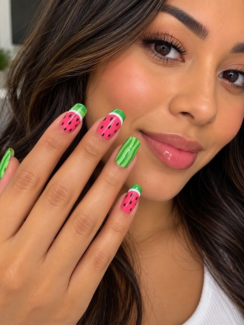 Press On Nails - Pink & Green Watermelon Design - Unbranded - Picture 1 of 4